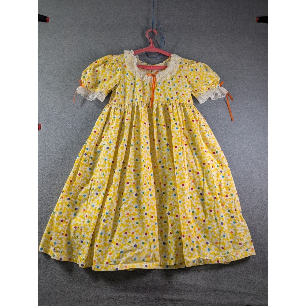VTG Handmade Girls Prairie Dress Yellow‎ Daisy Floral Lace Cottagecore Kidcore
